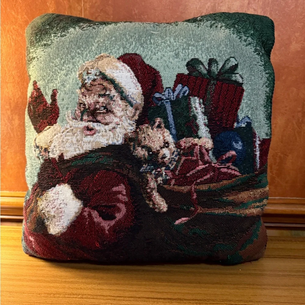 VTG Christmas Tapestry Throw Pillow Santa and His Bag Of Presents Double Sided